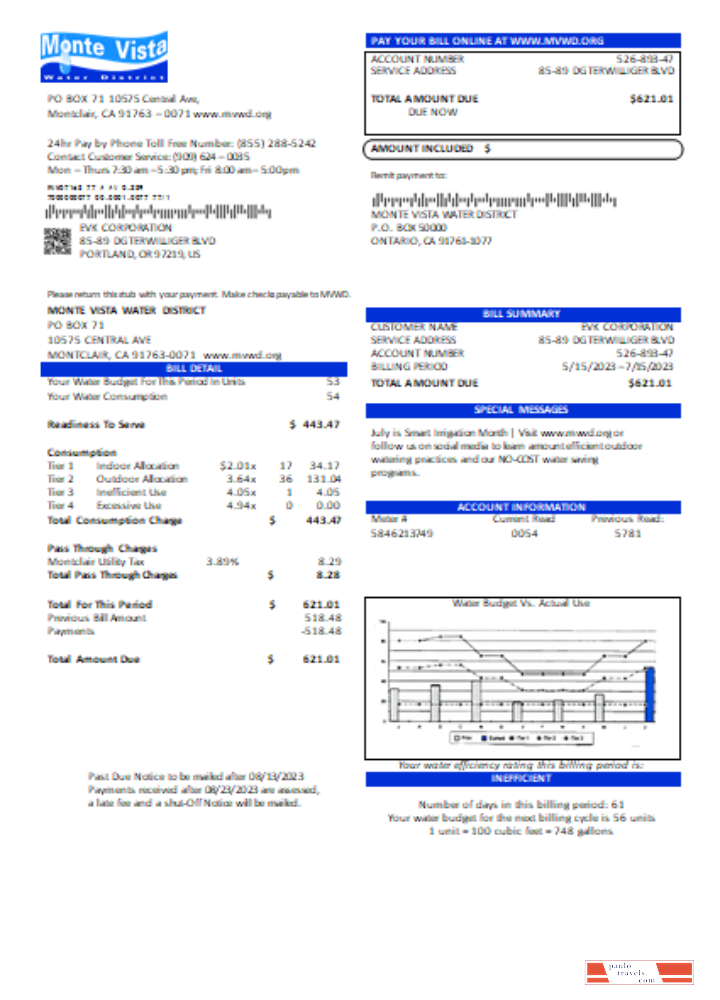 California Monte Vista Water District utility business bill,  SCR PSD template